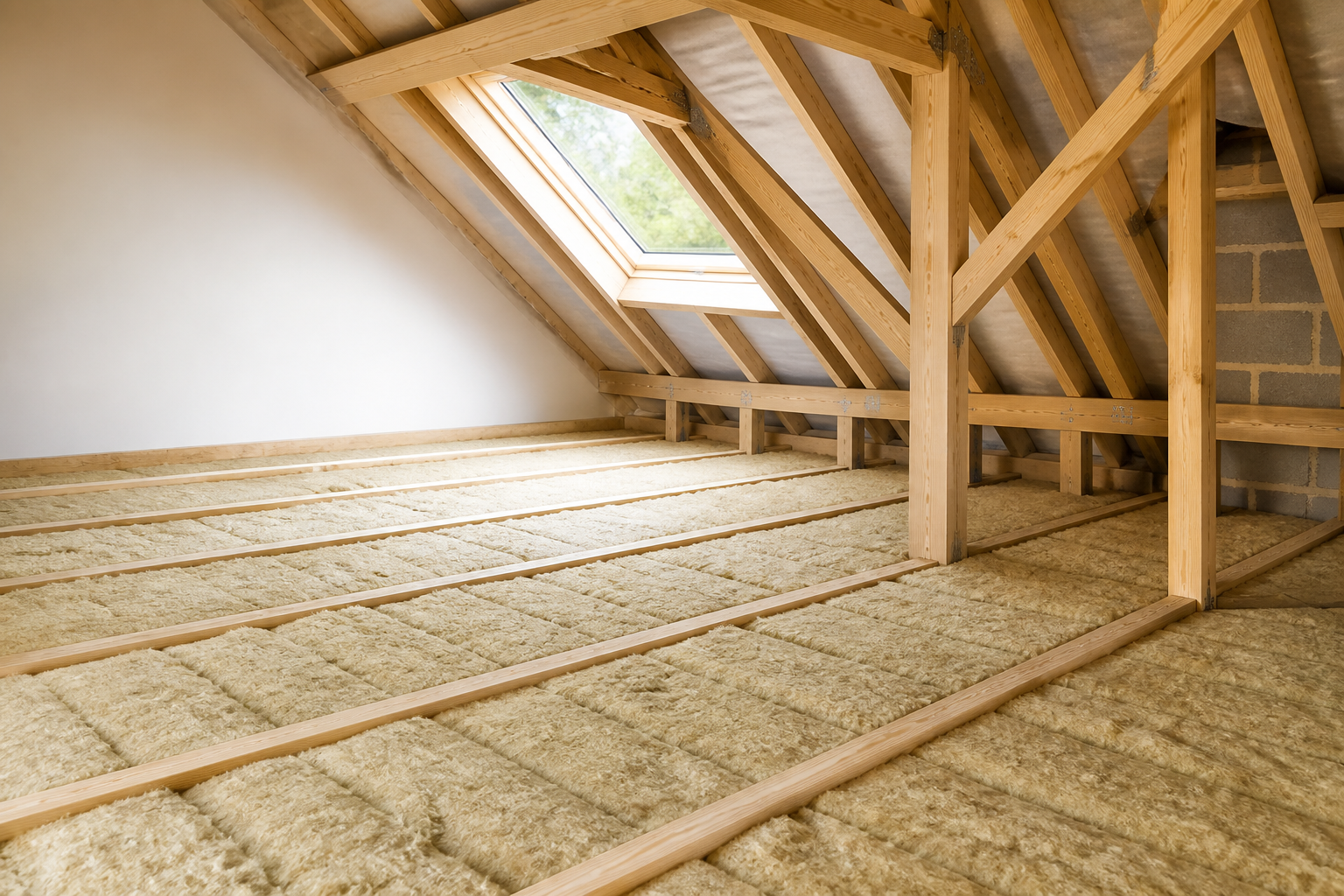 Professionally installed loft insulation between timber joists